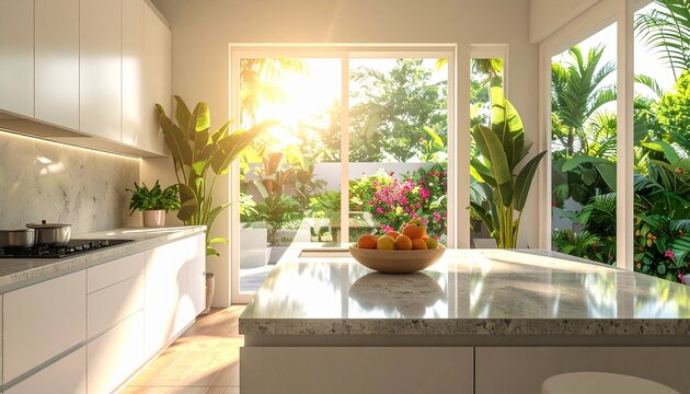 Sunlit Modern Kitchen with Tropical Garden View.