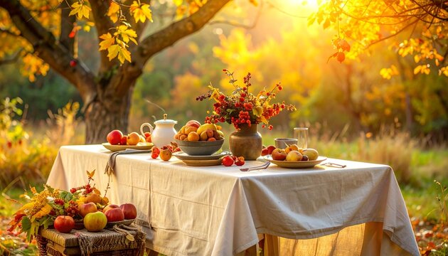 Autumn picnic table setting in golden forest light.