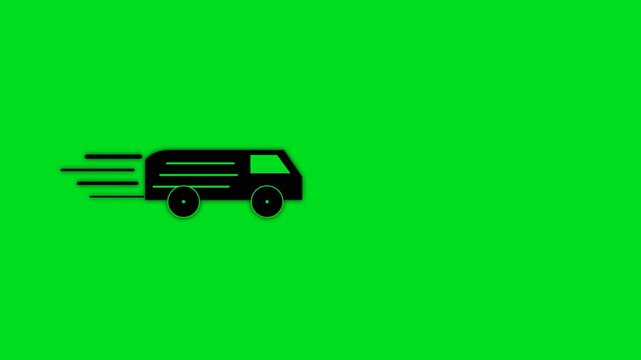A black silhouette icon of a fast moving delivery van on green background