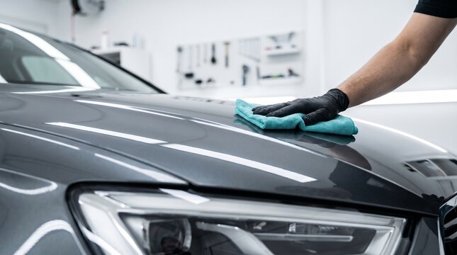 Professional detailer cleaning the hood of a luxury grey car with microfiber cloth