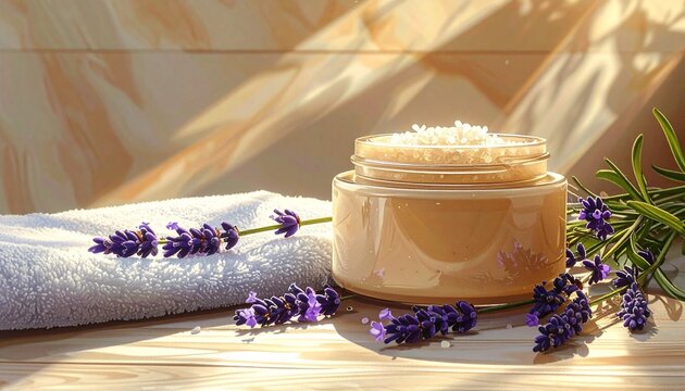 Natural Lavender Body Scrub with Towel and Flowers.