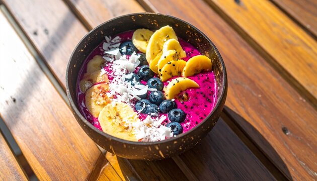 Colorful Acai Bowl with Fresh Fruits on Wooden Table.