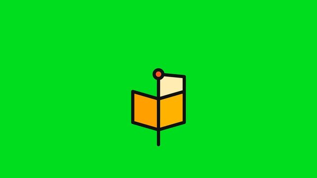 Minimalist icon of an open book with a red bookmark on a vibrant green background
