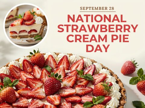 National strawberry cream pie day september 28 greeting card or social media post banner design