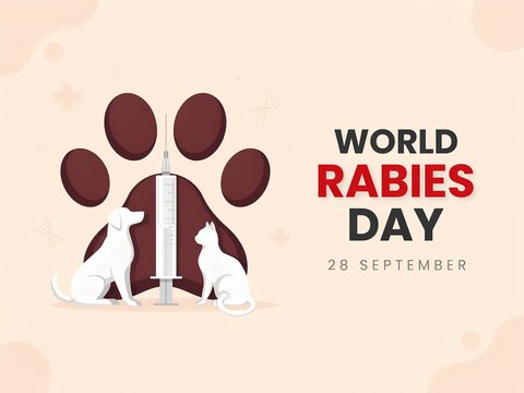 World rabies day banner with dog, cat, syringe, and paw print for pet vaccination awareness