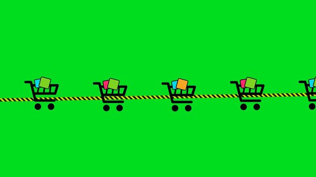 A row of shopping cart icons moving along a striped caution tape line