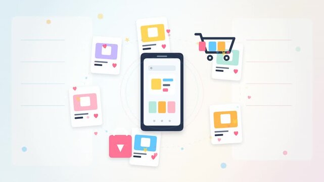Smartphone displaying online shopping app interface surrounded by product cards and shopping cart icon