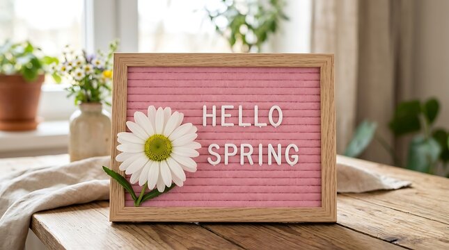 Pink felt letter board displaying hello spring text decorated with a white daisy flower