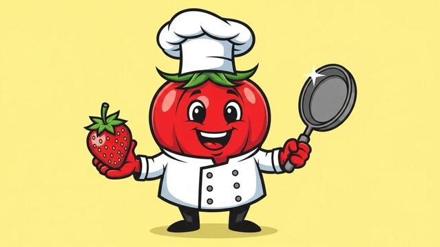 Cute Tomato Chef Character Holding Frying Pan and Strawberry Illustration