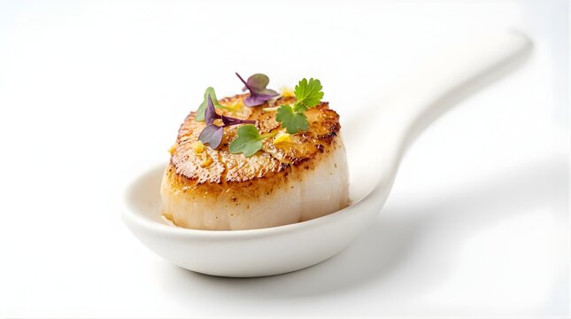 Single seared scallop served on a white ceramic spoon against white background