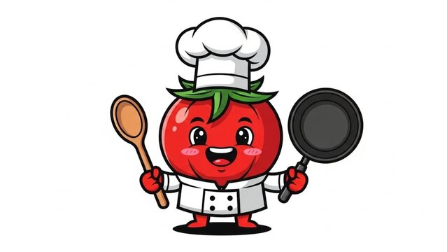 Cute Tomato Chef Character Holding Frying Pan and Wooden Spoon Illustration