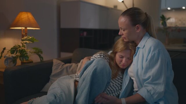 Mother and teenage daughter sitting closely together at home, showing a strong family bond, mutual support, trust and positive parent-child relationship.