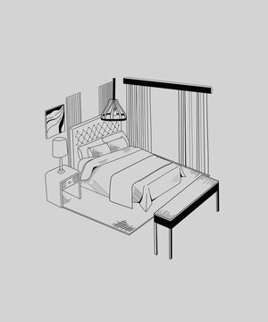 Cozy modern bedroom interior hand-drawn sketch