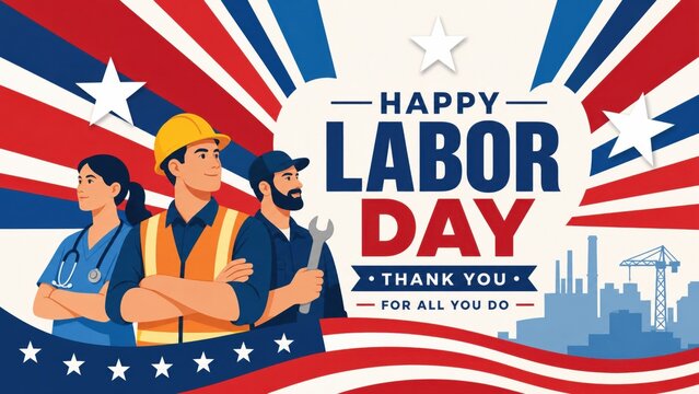 Happy labor day illustration with workers standing against american flag background