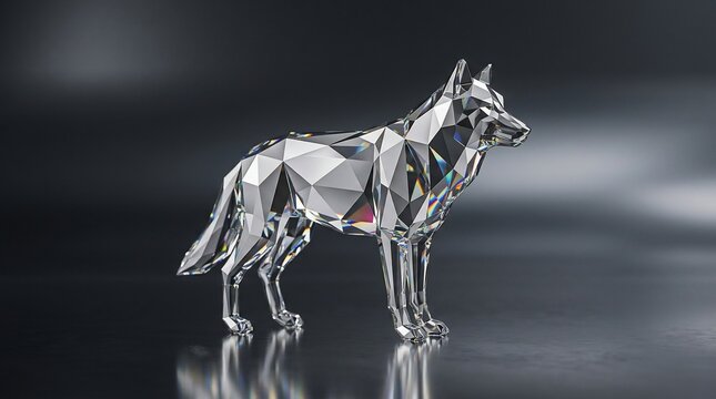 Geometric crystal dog sculpture reflecting light