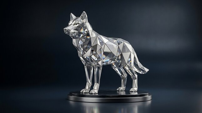 Geometric crystal wolf sculpture on pedestal dramatic lighting
