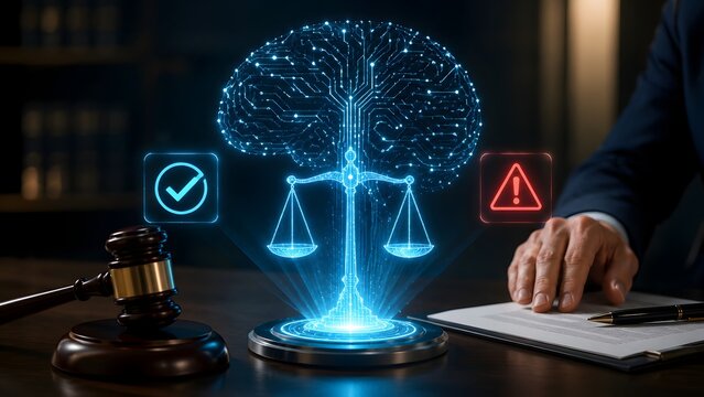 Glowing holographic scales of justice inside a digital brain representing artificial intelligence in the legal system