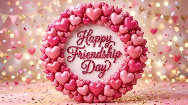 Happy friendship day round frame made of pink and red hearts with friendship