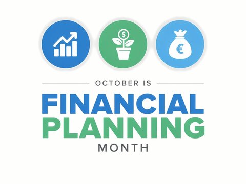 October is financial planning month concept banner or poster with icons and text isolated on white background