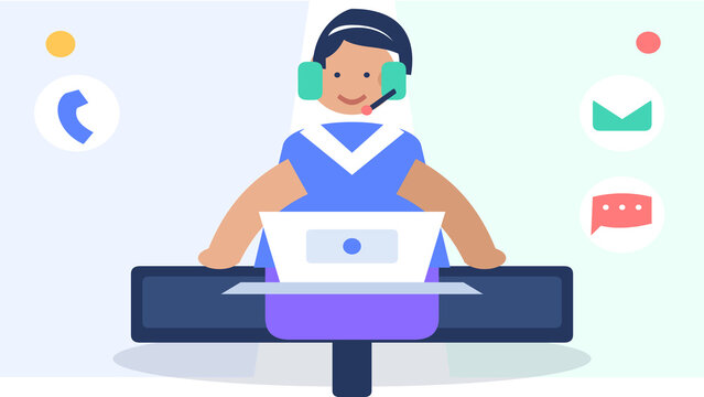 Customer service agent with headset working on laptop surrounded by communication icons