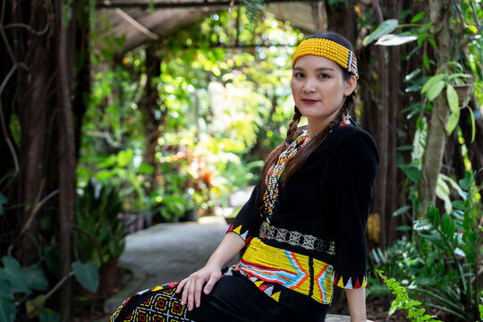 Portrait of Malaysian indigenous Dayak woman from Sarawak in Lun Bawang traditional costume