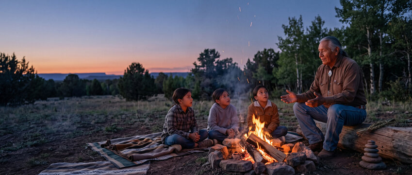 Elderly man telling stories by a campfire with children outdoors  