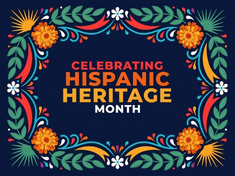 Celebrating hispanic heritage month, vector folk art illustration with flowers, leaves and traditional mexican otomi ornaments on dark background