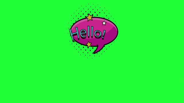 Comic book hello speech bubble pop animation green screen greeting announcement