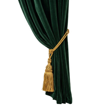 Elegant green velvet theater curtain with golden tassel tieback for stage or luxury decor