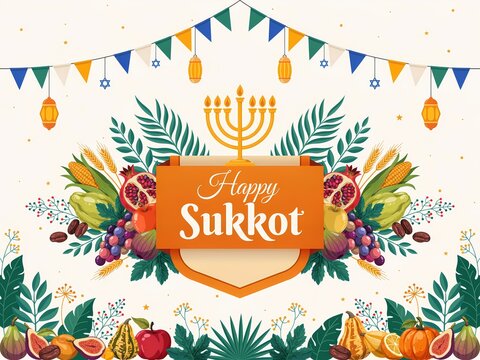 Happy sukkot greeting card design with traditional holiday symbols, harvest fruits, palm branches, menorah, and festive decorations vector illustration