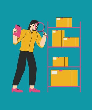 Warehouse worker checking inventory with a clipboard and magnifying glass