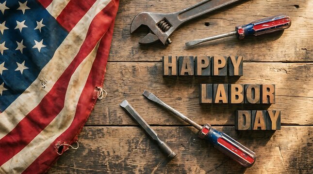 Labor Day USA Labor Day Canada Happy Labor Day Message with American Flag and Tools on Rustic Wood Surface wrench