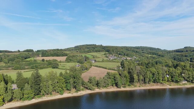 The scenic landscape around Lac des Settons in the Morvan region of France, aerial view.