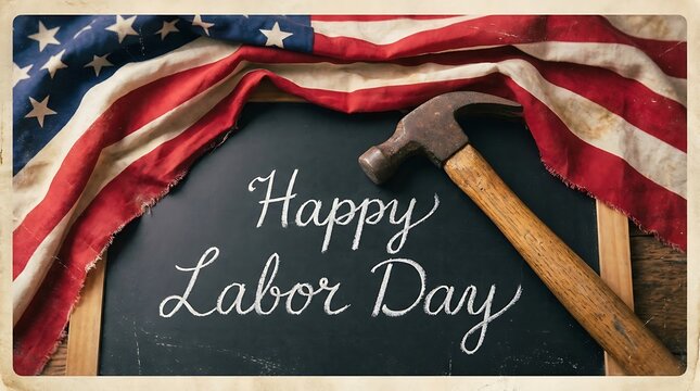 Labor Day USA Labor Day Canada Happy Labor Day message written on chalkboard with American flag and hammer United States