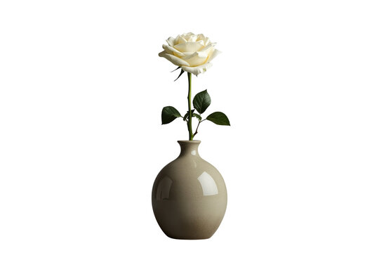 Single cream rose in dark gray vase isolated on transparent background