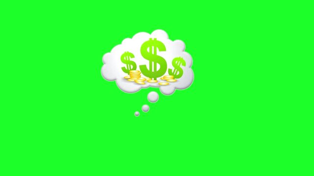 Green screen thought bubble with dollar signs and coins animation... money