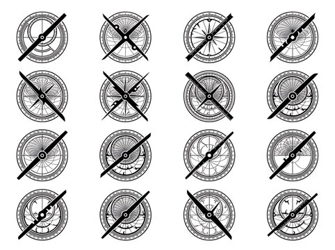 Vintage nautical compass icons set, antique maritime navigation symbols, 16 black and white marine compasses for travel design