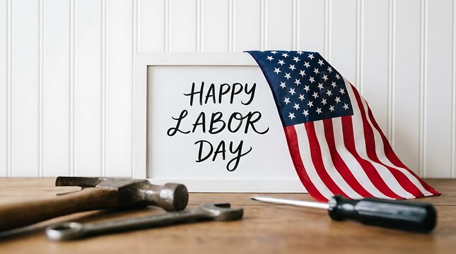 Labor Day USA Labor Day Canada Happy Labor Day Sign with American Flag and Tools on Table Happy Labor Day, sign, frame, American flag, US