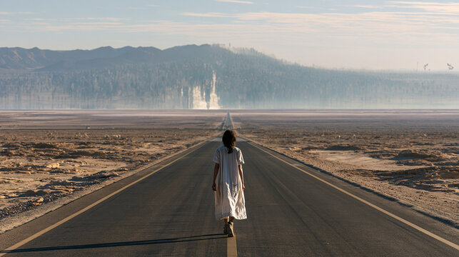 An enormous empty desert highway at midday, a lone checkout operator walking in uniform toward a distant mirage horizon, vast crowd of heat shimmer shapes suggesting mass remittance movement behind 