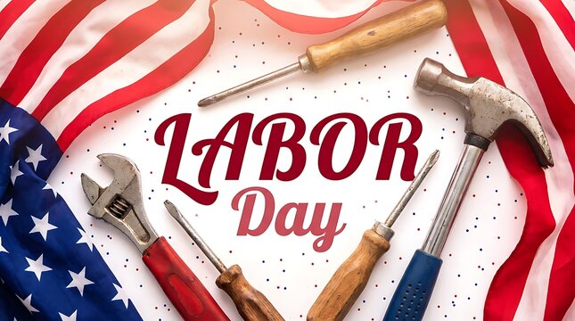Labor Day USA Labor Day Canada Happy Labor Day text surrounded by tools and American flag on white Labor Day, American flag