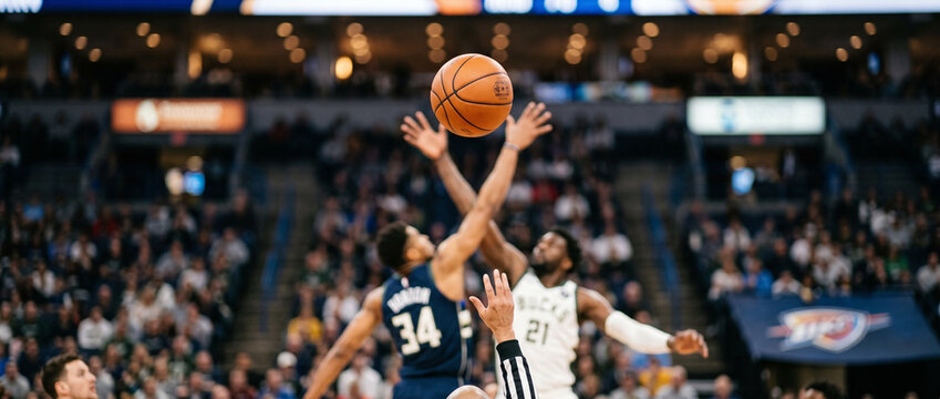 Two basketball players jumping for a ball in an intense game  