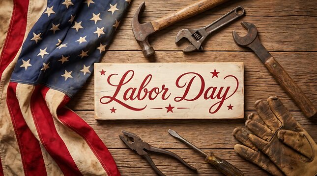 Labor Day USA Labor Day Canada Labor Day Celebration With American Flag Tools And Wooden Sign labor day, american flag, tools, wrench