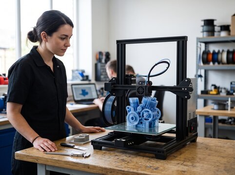 Female Technician Monitoring 3D Printer in Prototyping Workshop