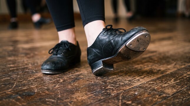 Close-up of black leather tap shoes on a scuffed wooden floor showing metal toe taps and traditional dance footwear.