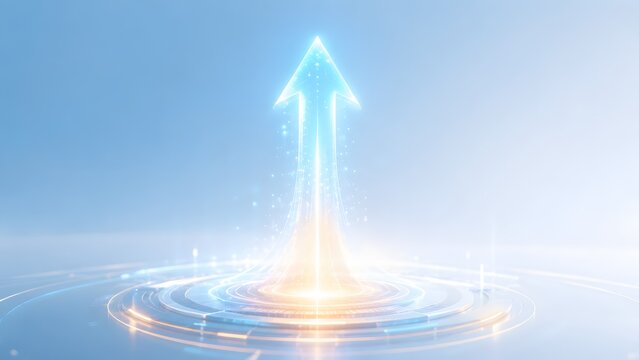 Glowing blue arrow pointing up against a bright white background representing clear progress and future