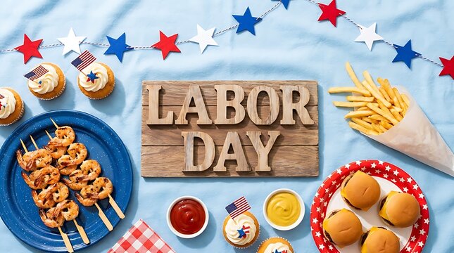 Labor Day USA Labor Day Canada Labor Day Picnic Spread With American Flags And Festive Decorations labor day, picnic, food, celebration