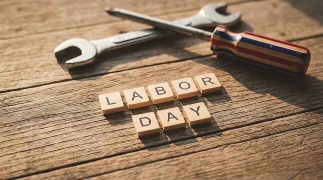Labor Day USA Labor Day Canada Wrench and screwdriver with wooden tiles spelling Labor Day on wood spanner tool