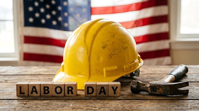 Labor Day USA Labor Day Canada Yellow Hard Hat And Hammer With Labor Day Blocks On Wooden Surface yellow hard hat, hammer, labor day