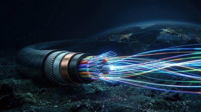 A cross section of a fiber optic cable emits colorful light strands towards Earth in space