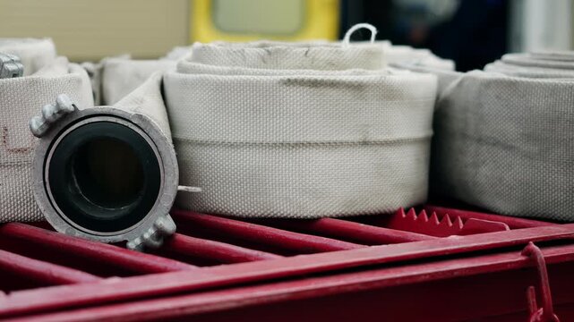 Close-up of rolled fire hoses with metal coupling stored on a fire truck. Professional firefighting equipment prepared for emergency response and water supply.